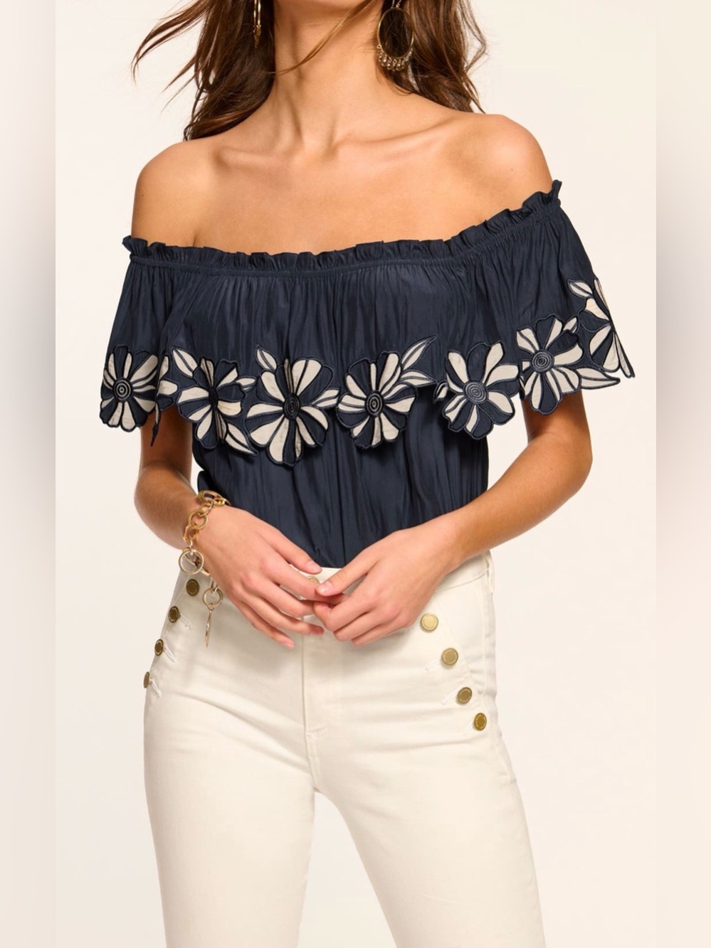 Ramy Brook Terri Embroidered Floral Ruffle Off the Shoulder Top NWT